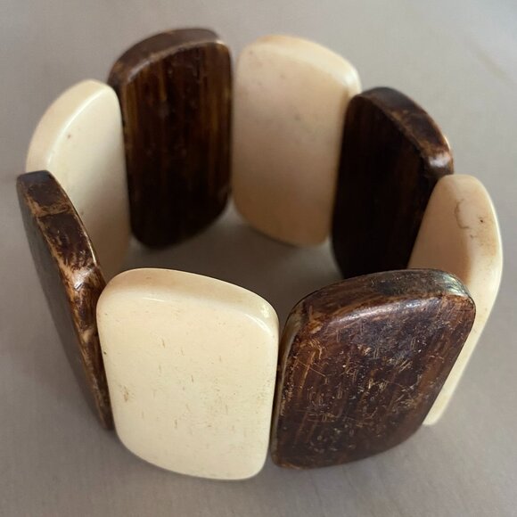 Vintage Brown Cream Chunky Cow Bone Panel Stretch Bracelet Boho Earthy Tribal - Picture 1 of 10